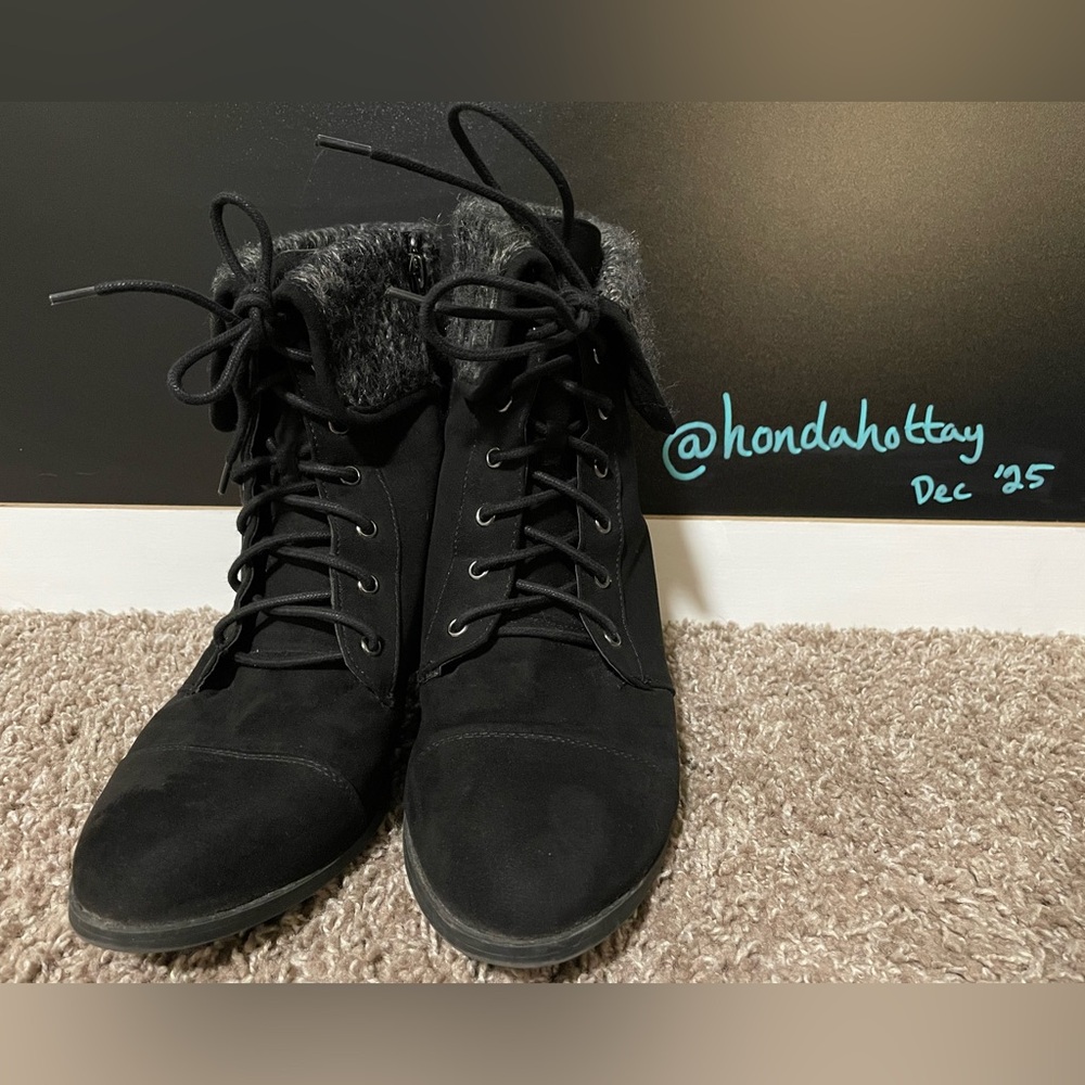 Torrid Black Lace-Up Boots with Gray Fur Trim